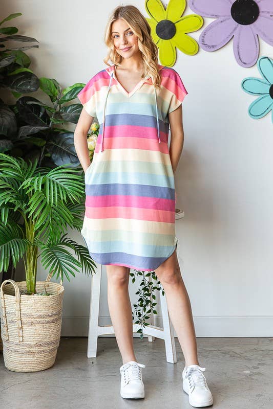 MULTI COLOR STRIPE HOODIE MINI DRESS