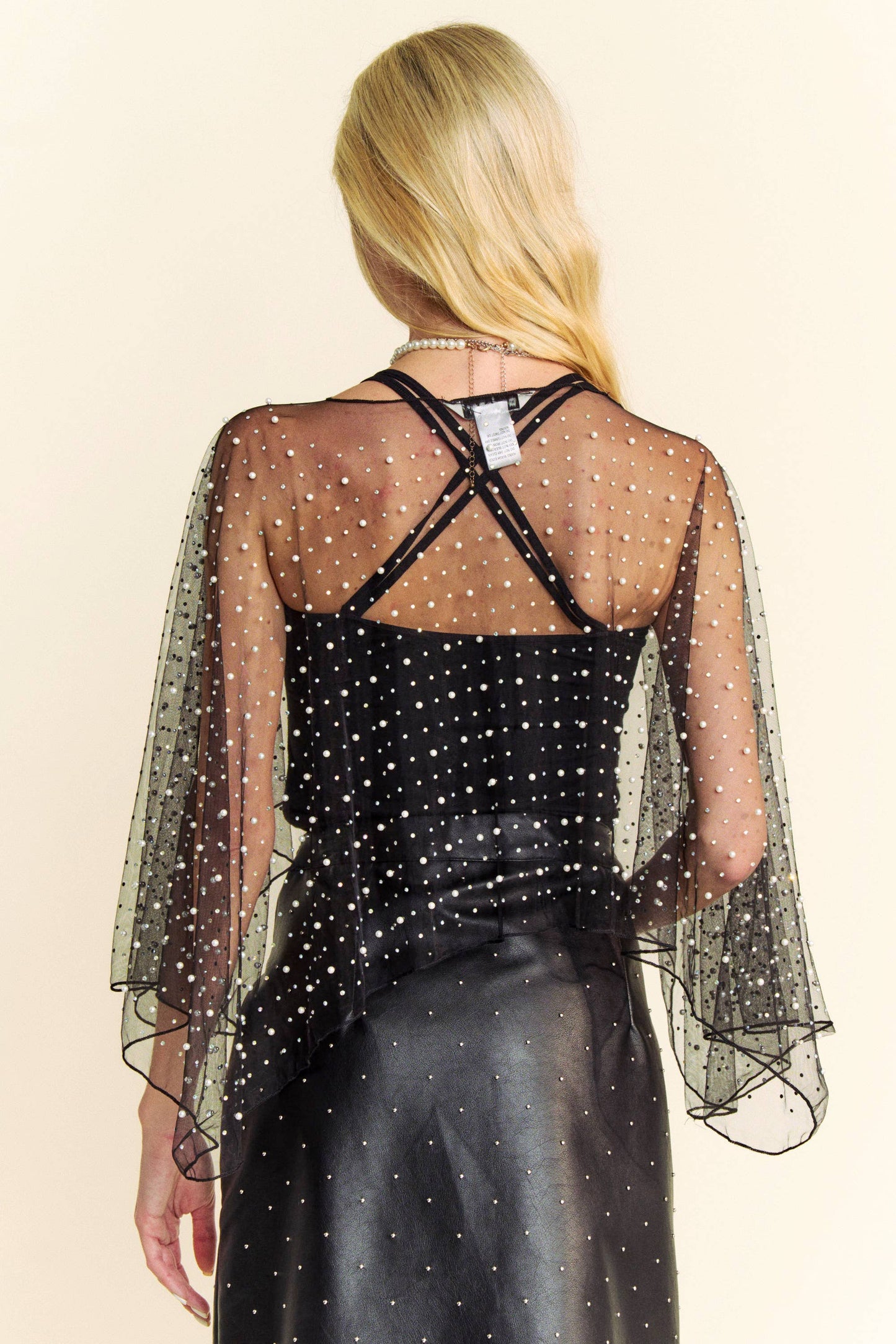 PEARL RHINE STONE EMBELLISHED MESH TOP CAPE