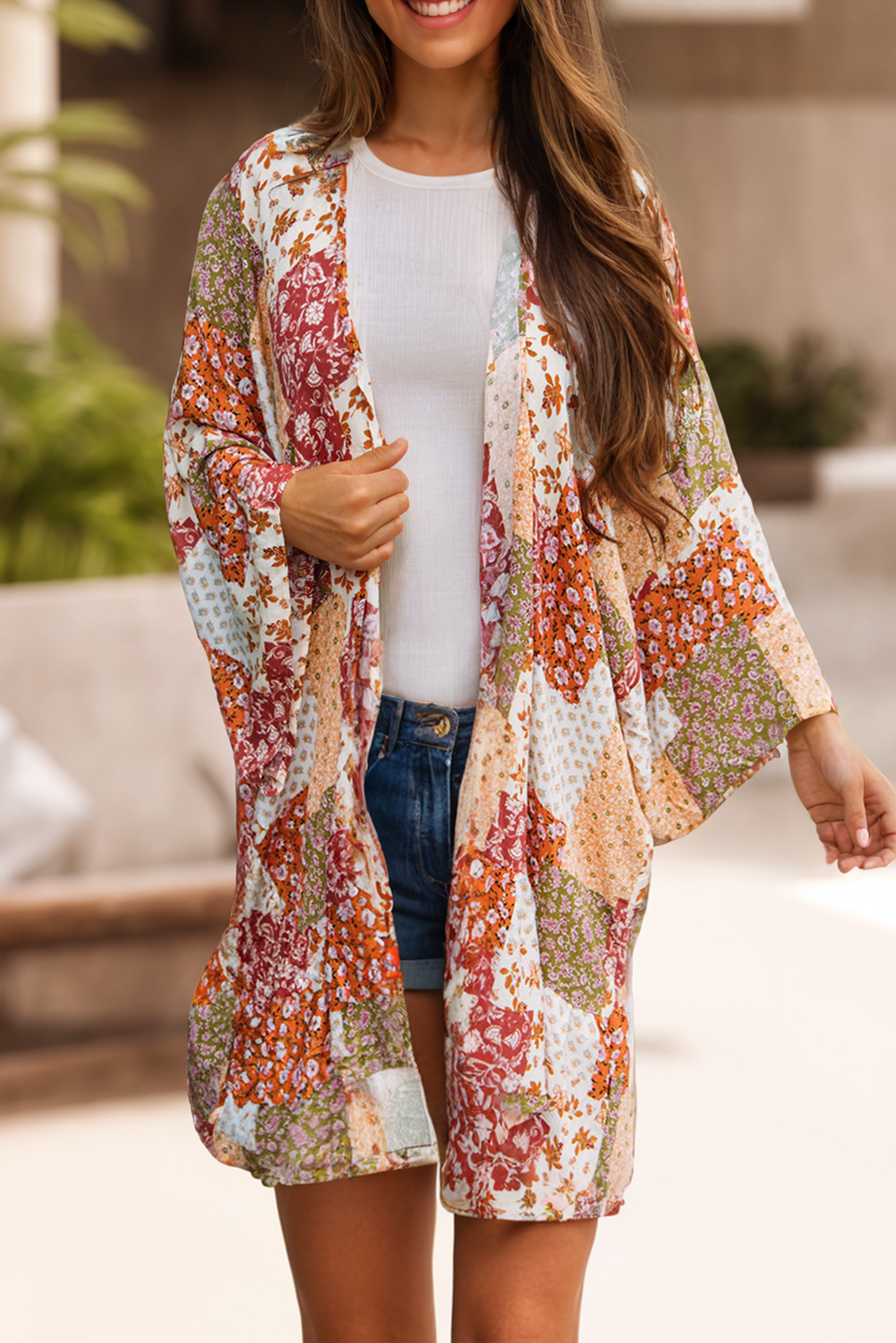 Boho Patchwork Floral Open Front Kimono