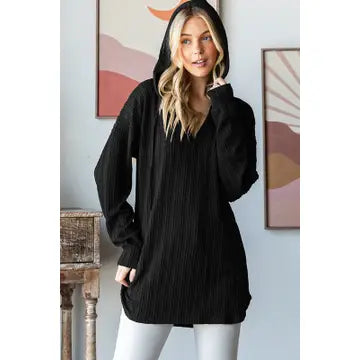 BLACK LONG SLEEVE DRAWSTRING RIBBED HOODIE TOP