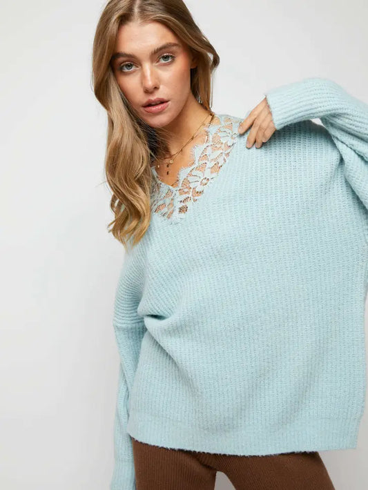 LIGHT BLUE LACE NECK SWEATER