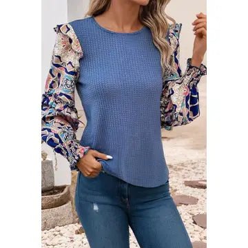 BLUE WAFFLE KNIT PATCHWORK SLEEVE TOP