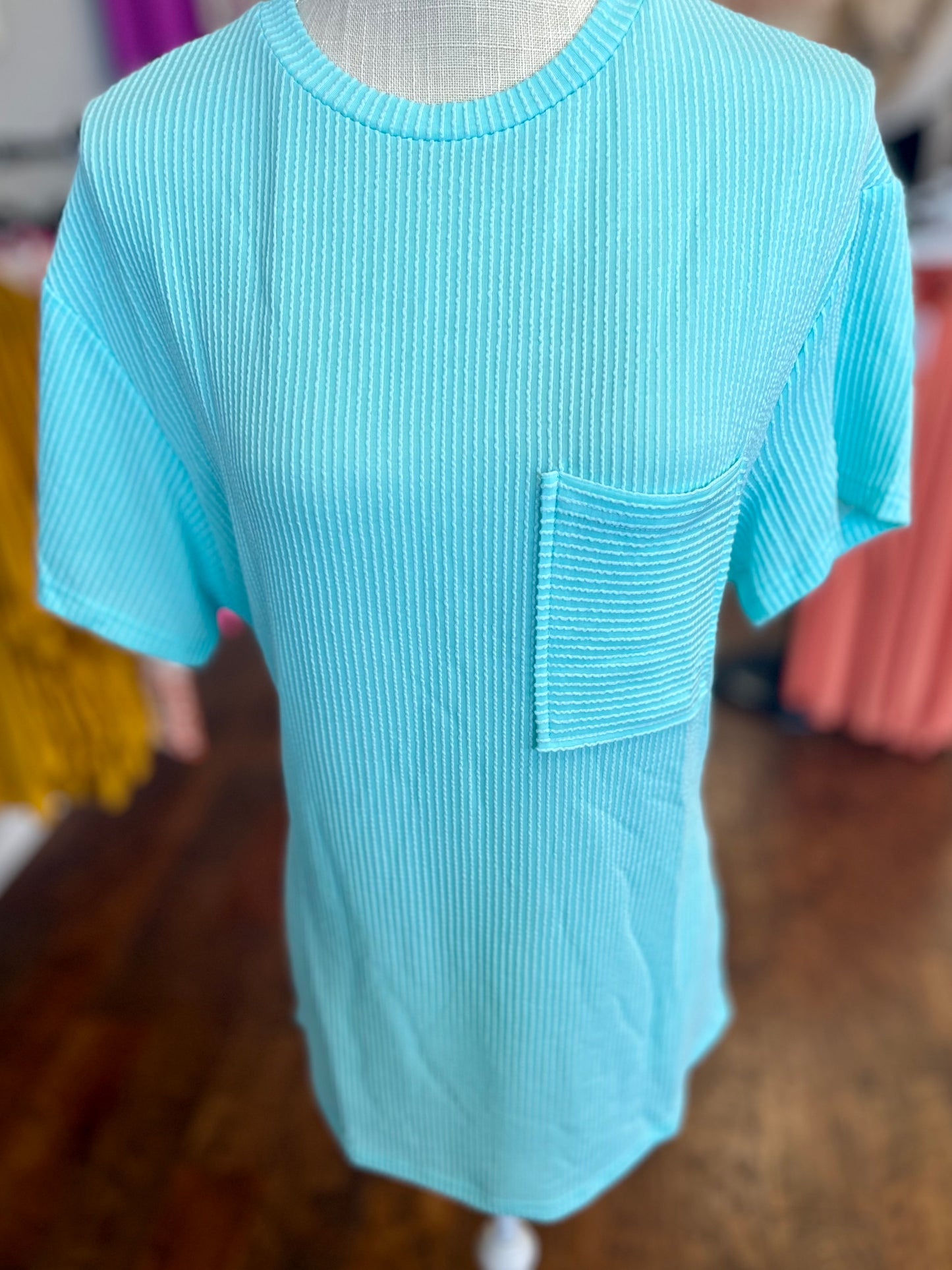 Blue Ribbed Knit Crew Neck T Shirt