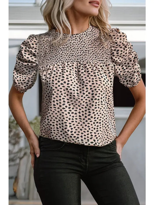 KHAKI LEOPARD PRINT PUFF SLEEVE BLOUSE