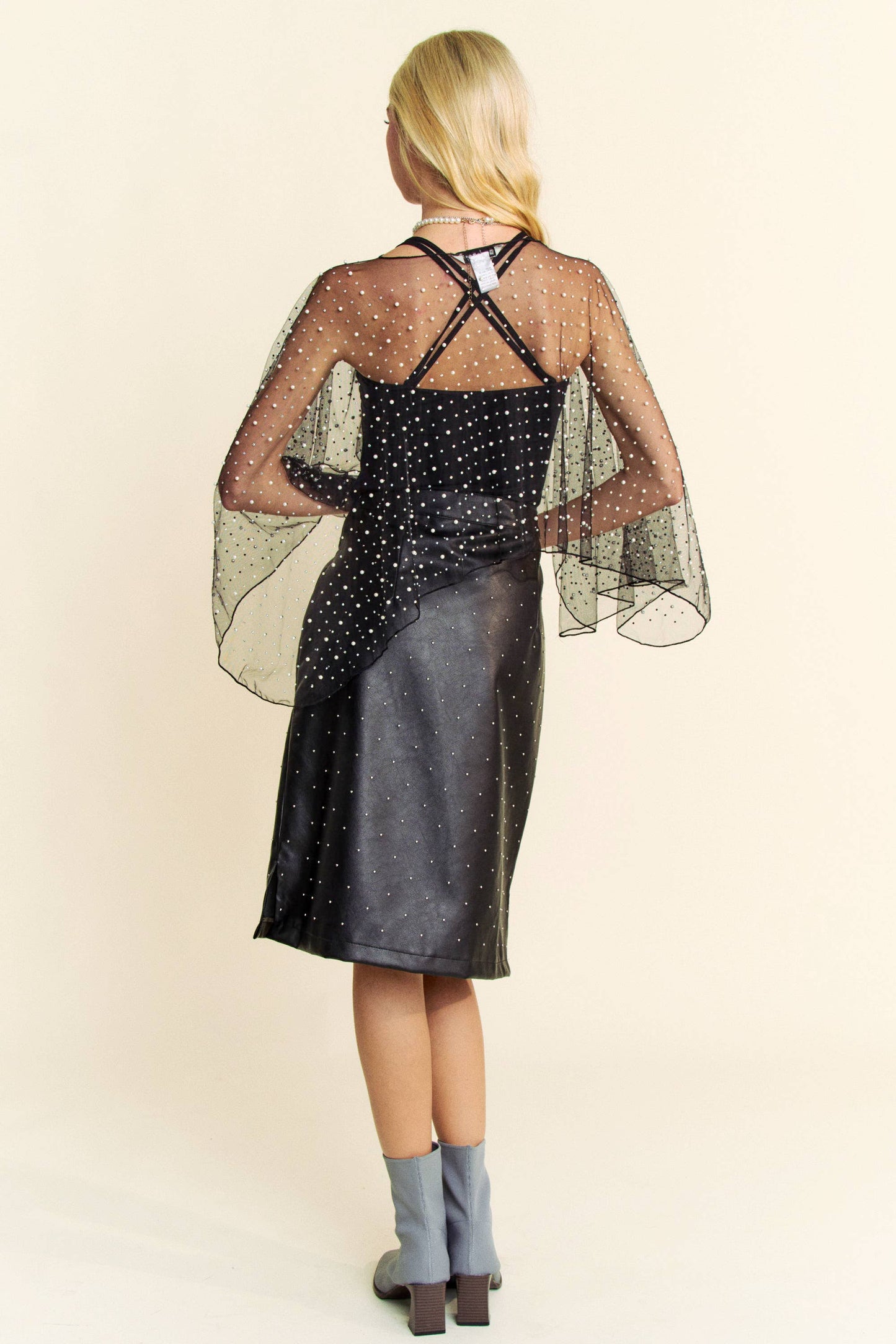 PEARL RHINE STONE EMBELLISHED MESH TOP CAPE