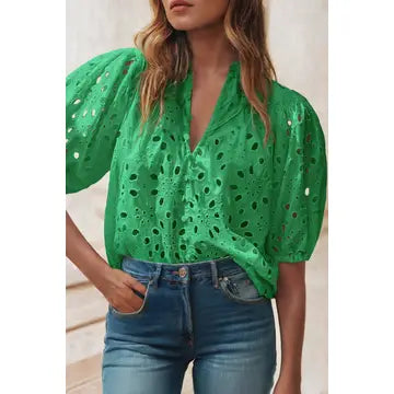 GREEN EYELET PUFF SLEEVE BLOUSE