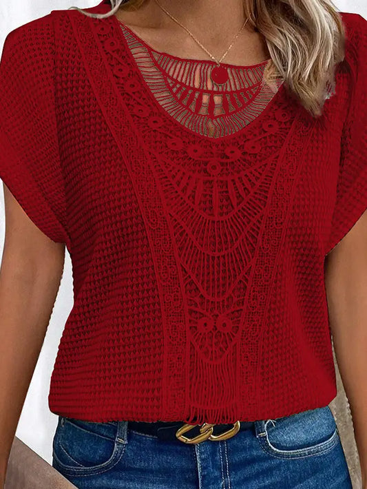 WAFFLE KNIT CROCHET LACED TOP