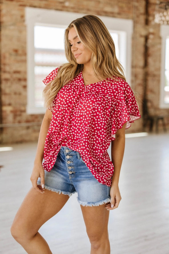 RED RUFFLE SLEEVE BLOUSE